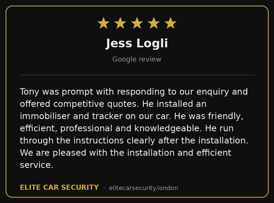 Five-star Google review from Jess Logli for Elite Car Security - immobiliser and tracker installation