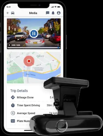 Live view dash camera shown with the phone app displaying live video, map location and trip details